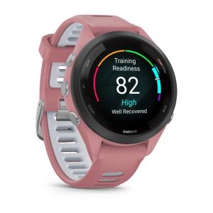 Garmin Forerunner 265S з чорним безелем, сірим корпусом та рожевим/сірим ремінцем