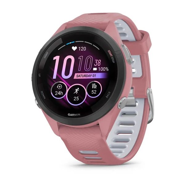 Garmin Forerunner 265S з чорним безелем, сірим корпусом та рожевим/сірим ремінцем ― ForActive