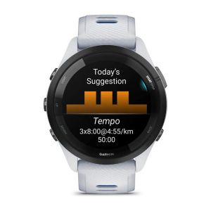 Garmin Forerunner 265 з чорним безелем, білим корпусом та білим/синім силіконовим ремінцем