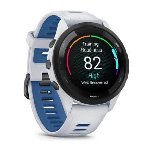 Garmin Forerunner 265 з чорним безелем, білим корпусом та білим/синім силіконовим ремінцем