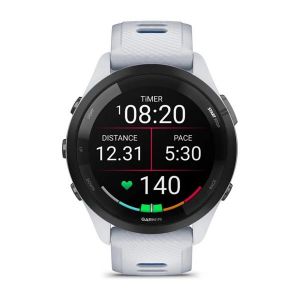 Garmin Forerunner 265 з чорним безелем, білим корпусом та білим/синім силіконовим ремінцем