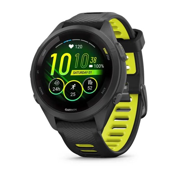 Garmin Forerunner 265S з чорним корпусом та чорним/жовтим силіконовим ремінцем ― ForActive