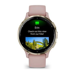 Garmin Venu 3S зі світло-золотистим сталевим безелем, світло-рожевим корпусом та силіконовим ремінцем