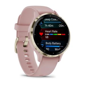 Garmin Venu 3S зі світло-золотистим сталевим безелем, світло-рожевим корпусом та силіконовим ремінцем