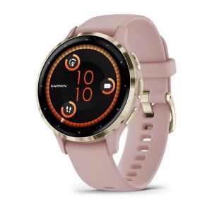 Garmin Venu 3S зі світло-золотистим сталевим безелем, світло-рожевим корпусом та силіконовим ремінцем