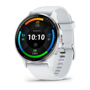 Garmin Venu 3 зі сріблястим сталевим безелем, білим корпусом та білим силіконовим ремінцем