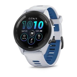 Garmin Forerunner 265 з чорним безелем, білим корпусом та білим/синім силіконовим ремінцем