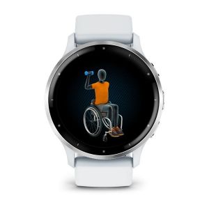 Garmin Venu 3 зі сріблястим сталевим безелем, білим корпусом та білим силіконовим ремінцем