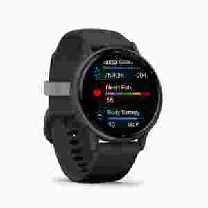 Garmin vivoactive 5 зі сланцевим алюмінієвим безелем, чорним корпусом та силіконовим ремінцем