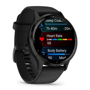 Garmin Venu 3 зі сланцевим сталевим безелем, чорним корпусом та чорним силіконовим ремінцем